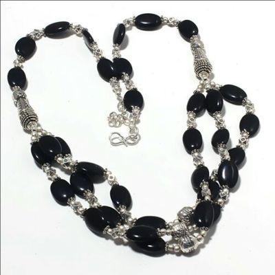 Col 037a collier parure onyx noir 3rangs 47gr perles 8x12mm bijou 1900 art deco gothique