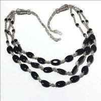 Col 037b collier parure onyx noir 3rangs 47gr perles 8x12mm bijou 1900 art deco gothique