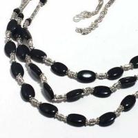 Col 037c collier parure onyx noir 3rangs 47gr perles 8x12mm bijou 1900 art deco gothique