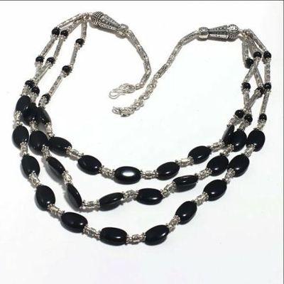 Col 037d collier parure onyx noir 3rangs 47gr perles 8x12mm bijou 1900 art deco gothique