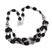 Col 038a collier parure onyx noir 3rangs 52gr perles 8x12mm bijou 1900 art deco gothique