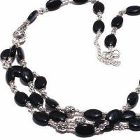 Col 038b collier parure onyx noir 3rangs 52gr perles 8x12mm bijou 1900 art deco gothique