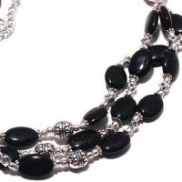 Col 038c collier parure onyx noir 3rangs 52gr perles 8x12mm bijou 1900 art deco gothique