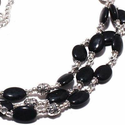 Col 038d collier parure onyx noir 3rangs 52gr perles 8x12mm bijou 1900 art deco gothique