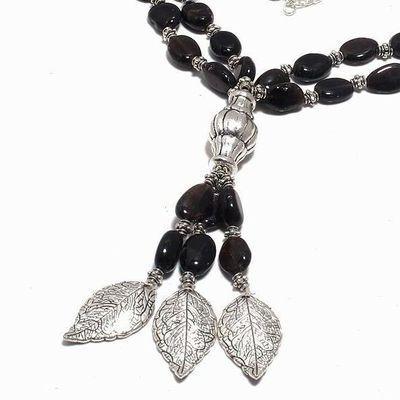 Col 039b collier parure onyx noir 2rangs 58gr pendant feuilles bijou 1900 art deco gothique