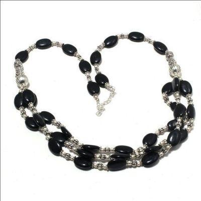 Col 040a collier parure sautoir 3rangs 49gr onyx noir 8x12mm bijou art deco gothique argent 925