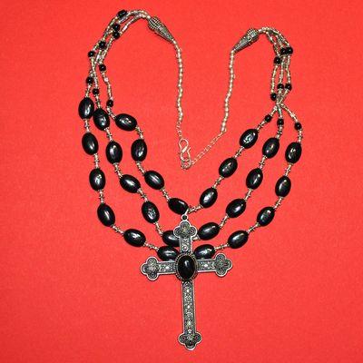 Col 041 collier parure gothique 60gr onyx 8x12mm croix 55x80mm argent 925