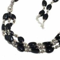 Col 046a collier parure sautoir 3rangs 49gr onyx noir 8x12mm bijou art deco gothique argent 925