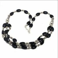 Col 046b collier parure sautoir 3rangs 49gr onyx noir 8x12mm bijou art deco gothique argent 925