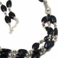 Col 046c collier parure sautoir 3rangs 49gr onyx noir 8x12mm bijou art deco gothique argent 925