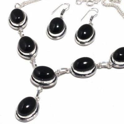 Col 048a collier boucles oreilles 45gr onyx noir 10x15mm bijou art deco gothique argent 925