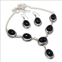 Col 048b collier boucles oreilles 45gr onyx noir 10x15mm bijou art deco gothique argent 925