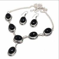 Col 048c collier boucles oreilles 45gr onyx noir 10x15mm bijou art deco gothique argent 925