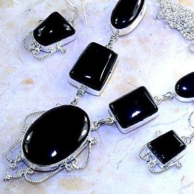 Col 050b parure collier boucles oreilles onyx noir achat vente bijou argent 925