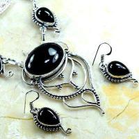 Col 051b collier boucles oreilles 38gr onyx noir 20x25mm bijou art deco gothique argent 925