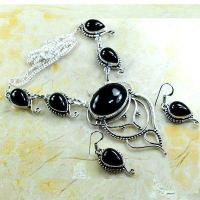 Col 051d collier boucles oreilles 38gr onyx noir 20x25mm bijou art deco gothique argent 925