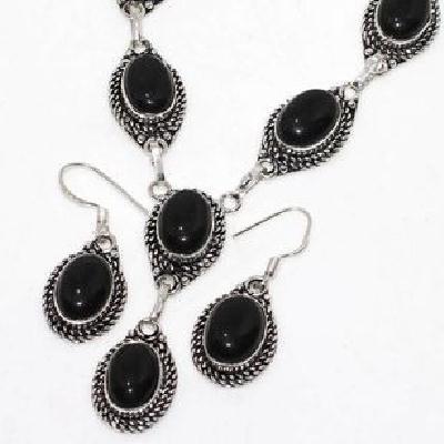 Col 056c collier boucles oreilles 34gr onyx noir 10x15mm bijou art deco gothique argent 925