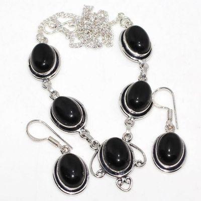Col 057a collier boucles oreilles 26gr onyx noir 10x15mm bijou art deco gothique argent 925