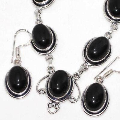 Col 057b collier boucles oreilles 26gr onyx noir 10x15mm bijou art deco gothique argent 925