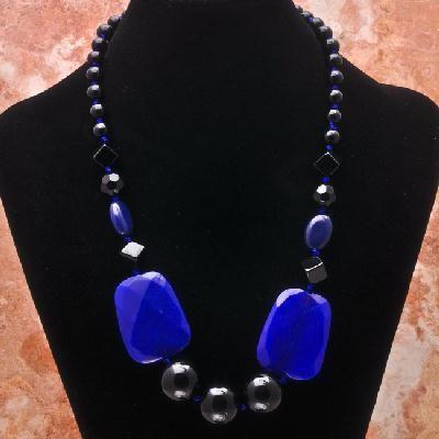 Col 059d collier parure sautoir onyx noir 105gr agate bleue