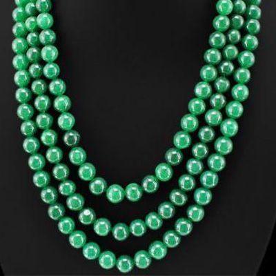Col 061b collier parure sautoir 3rags perles 8x5mm emeraudes bijoux argent 925