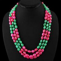 Col 063a collier parure sautoir 3rangs 12x18mm emeraudes rubis 160gr bijoux argent 925