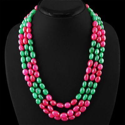 Col 063a collier parure sautoir 3rangs 12x18mm emeraudes rubis 160gr bijoux argent 925