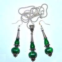 Col 065d collier boucles oreilles pendant chaine malachite 24gr 10x12mm