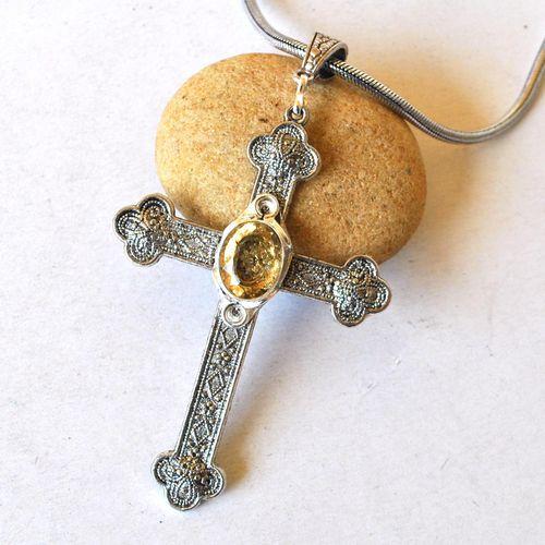 Crx 001 croix crucifix 55x80mm chaine 45cm citrine 10x15mm 38gr argent ethnique 1