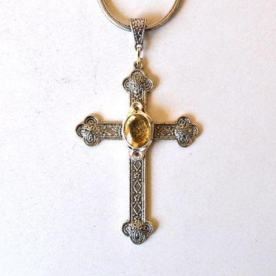 Crx 001 croix crucifix 55x80mm chaine 45cm citrine 10x15mm 38gr argent ethnique 1 