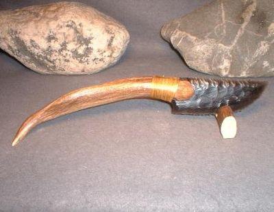 Csl 004b couteau obsidienne 25cm lame90x35mm manche sopport corne cerfs