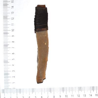 Csl 015c couteau prehistorique en silex taille 37g 130x25mm manche 40mm