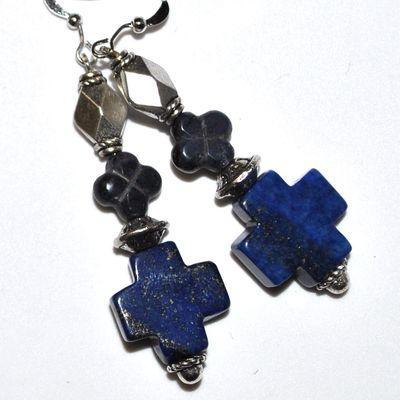 Kit 015a kit boucles pendants oreilles croix lapis lazuli 11gr 60mm 15x15mm argent