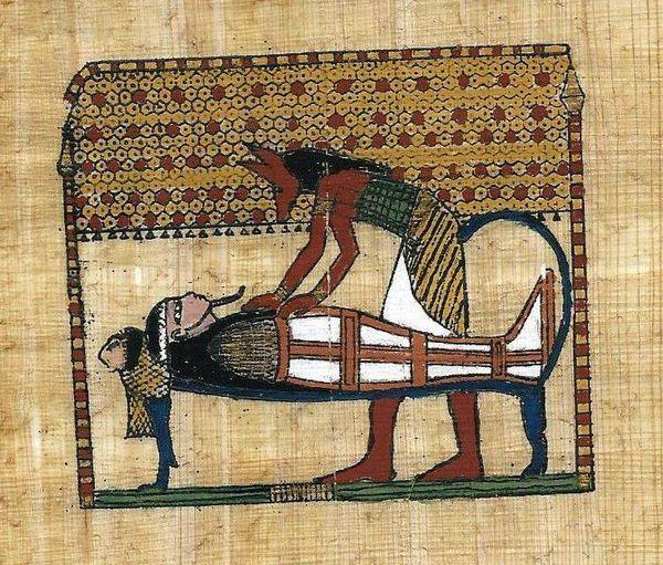 Papy 005a anubis dieix chacal se penche sur la momie peinture sur papyrus