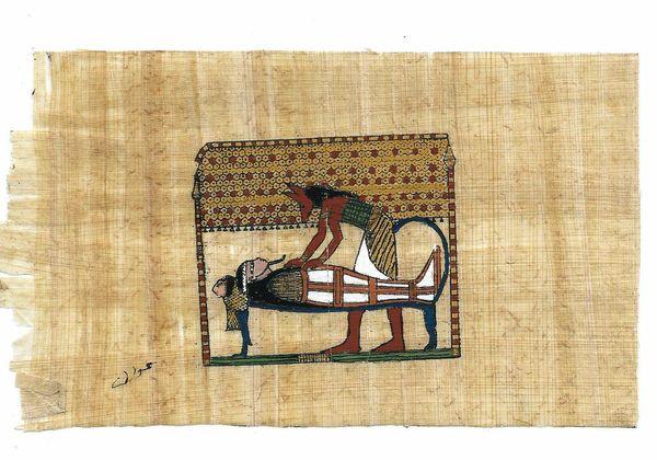 Papy 005b anubis dieix chacal se penche sur la momie peinture sur papyrus