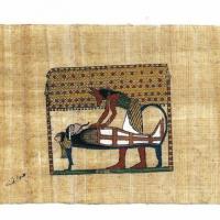 Papy 005b anubis dieix chacal se penche sur la momie peinture sur papyrus