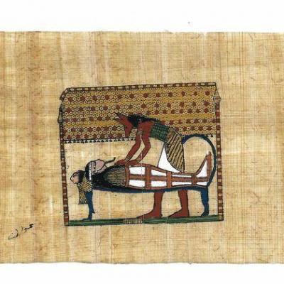 Papy 005a anubis dieix chacal se penche sur la momie peinture sur papyrus