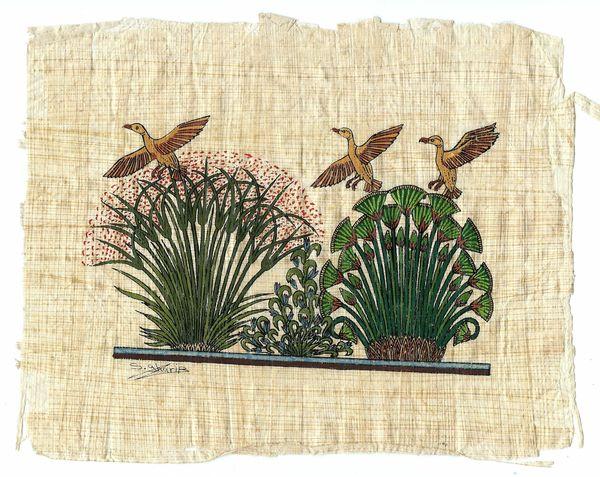 Papy 007b canards volant sur lee roseaux du nil peinture sur papyrus