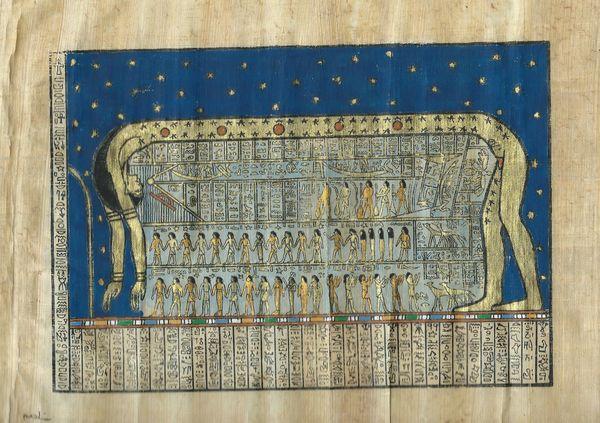 Papy 012a cosmos egyptien temple de denderah peinture sur papyrus
