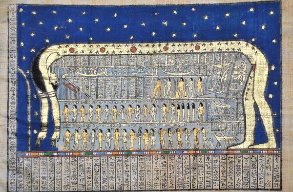 Papy 012b bateau a voile carree moyen empire et poissons peinture sur papyrus