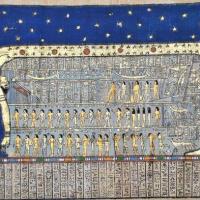 Papy 012b bateau a voile carree moyen empire et poissons peinture sur papyrus