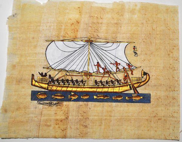 Papy 013b bateau a voile carree moyen empire et poissons peinture sur papyrus