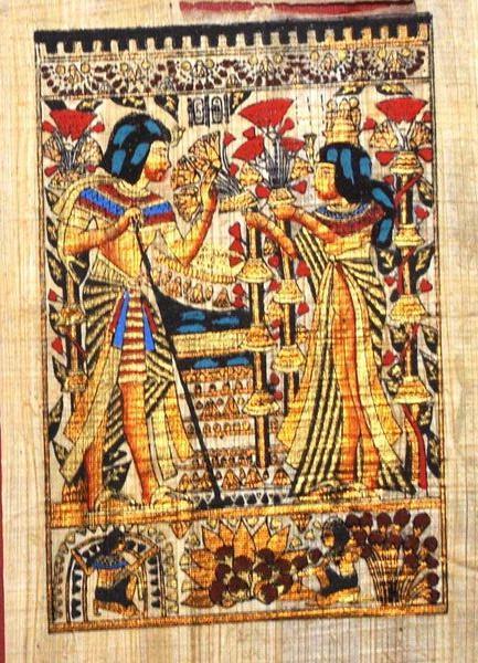 Papy 018a offrande de fleurs ancienne egype peinture sur papyrus