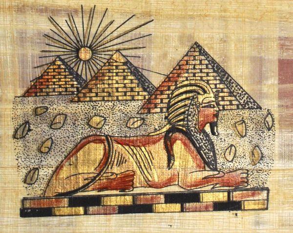 Papy 020a sphynx et les 3 pyramides ancienne egype peinture sur papyrus