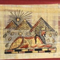 Papy 020b sphynx et les 3 pyramides ancienne egype peinture sur papyrus