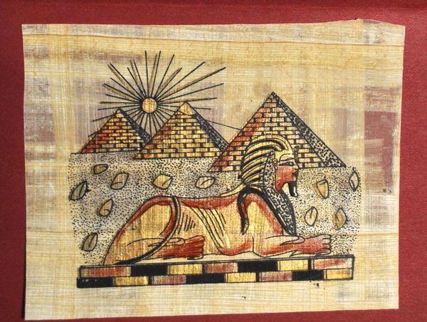 Papy 020b sphynx et les 3 pyramides ancienne egype peinture sur papyrus