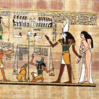 Papy 026a la pesee de l ame par dieu horus mythologie egyptienne ancienne egype peinture sur papyrus