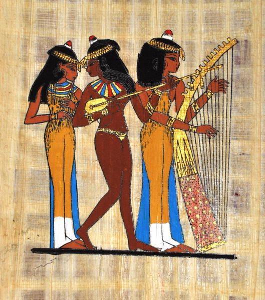 Papy 031a musiciennes harpe et lyre vie quotidienne egyptienne ancienne egype peinture sur papyrus