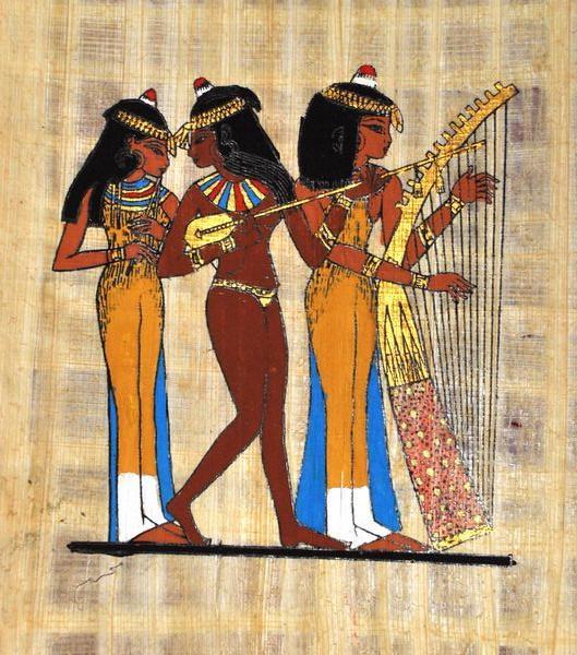Papy 031a musiciennes harpe et lyre vie quotidienne egyptienne ancienne egype peinture sur papyrus