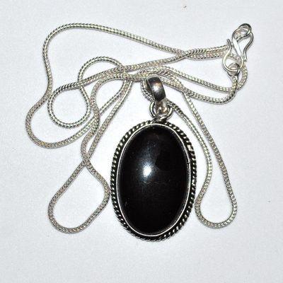 Pen 045a pendentif pendant 45mm onyx noir 20x30mm chaine 54cm argent 925